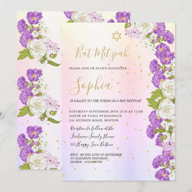 Jüdisches Bat Mitzvah Lila florales Gold Hebräisch Einladung (Vorne/Hinten)