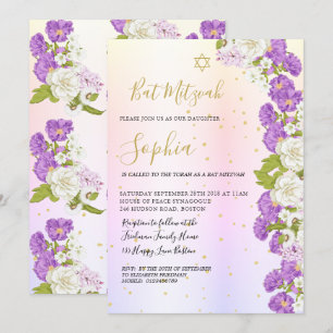Jüdisches Bat Mitzvah Lila florales Gold Hebräisch Einladung