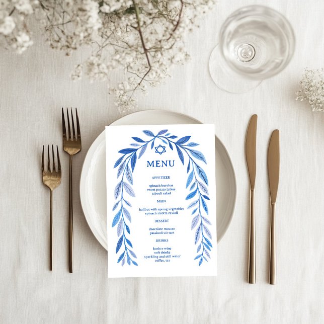 Jüdisches botanisches Ereignis Bar Bat Mitzvah Menükarte (Botanical Watercolor Jewish Wedding Event Bar Bat Mitzvah Menu
)