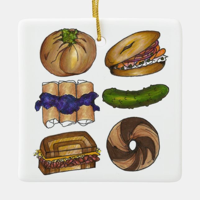 Jüdisches Deli Foods Pickle Knish Blintz Bagel Lox Keramikornament (Vorderseite)