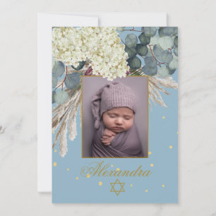 Jüdisches Girl Foto Baby-Benennung von Floral Blue Einladung