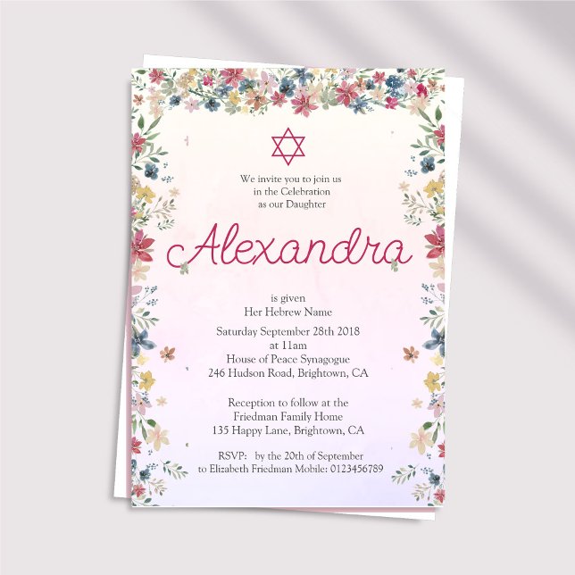Jüdisches Mädchen mit dem Namen "Floral Pink Star  Einladung (Von Creator hochgeladen)