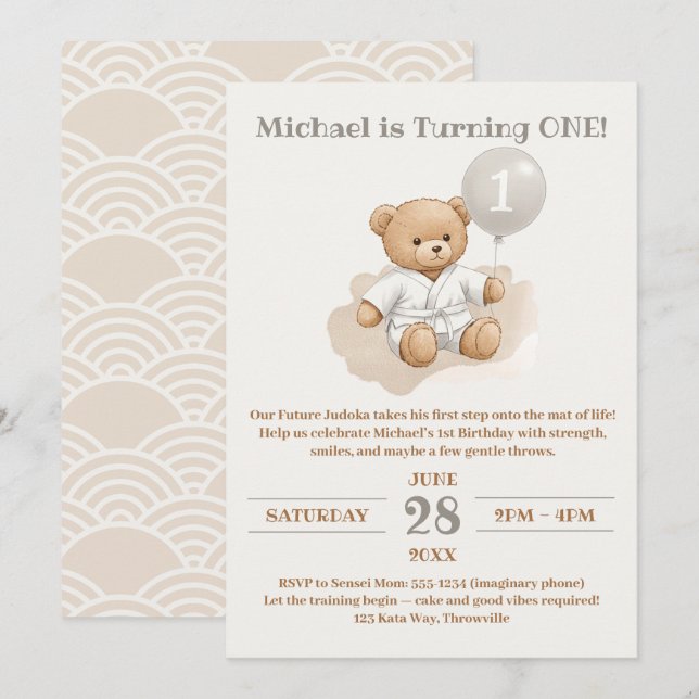"Judo Bear’s First Belt" – 1st Birthday White Belt Einladung (Vorne/Hinten)