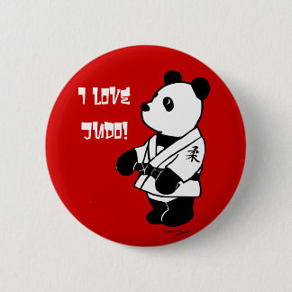 Judo-Panda-Cartoon mit einem schwarzen Gurt Button