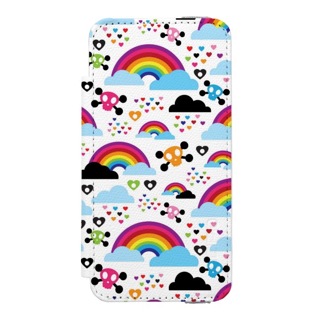 Jugendemo Regenbogen-Schädelhintergrund Incipio iPhone Geldbeutel-Hülle (Folio Vorderseite)