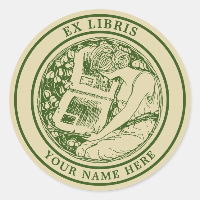 Jugendstil 1903 Frauen & Buch Ex Libris Vorlage Runder Aufkleber (Vorderseite)