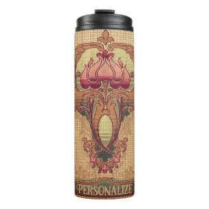 Jugendstil abstrakte Blume bordeauxrot grün Thermosbecher