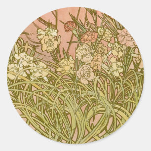 Jugendstil Alfonse Mucha Blütensträusse Nelken Blu Runder Aufkleber