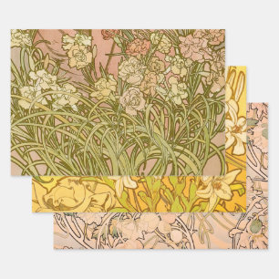 Jugendstil Alfonse Mucha Florale Nelkenblüten Geschenkpapier Set