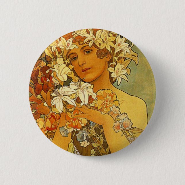 Jugendstil Alphonse Mucha Blume Button (Vorderseite)