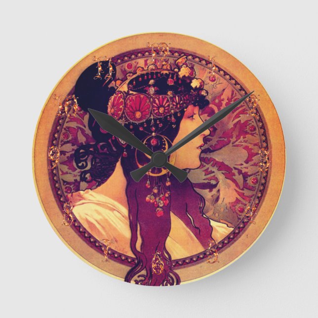 Jugendstil Alphonse Mucha Donna Ristorante La Lanc Runde Wanduhr (Vorderseite)