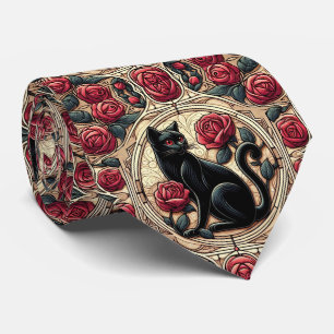 Jugendstil Art Deco Schwarze Katze mit roten Rosen Krawatte