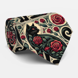 Jugendstil Art Deco Schwarze Katze mit roten Rosen Krawatte