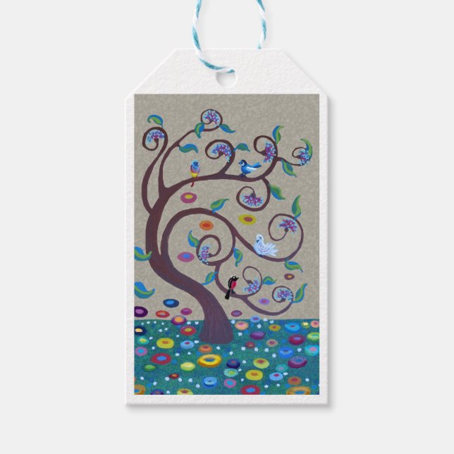 Jugendstil-Baum mit Vögeln Geschenkanhänger (Vorderseite)