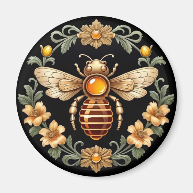 Jugendstil-Biene auf Schwarz Magnet (Vorne)