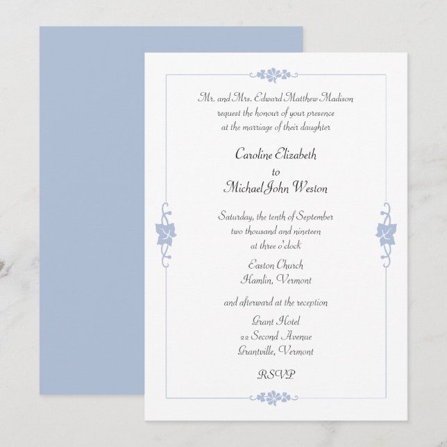 Jugendstil Blaue Gerahmte Hochzeit Einladung (Vorne/Hinten)