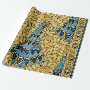Jugendstil Blaues Pfauen-Blumenmuster Geschenkpapier