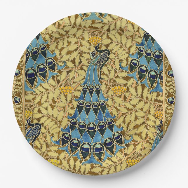 Jugendstil Blaues Pfauen-Blumenmuster Pappteller (Vorderseite)