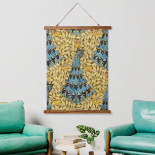 Jugendstil Blaues Pfauen-Blumenmuster Wandteppich Mit Holzrahmen