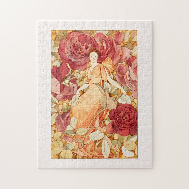 Jugendstil-Blume Fee mit Rot-Orange-Rose (Vertikal)
