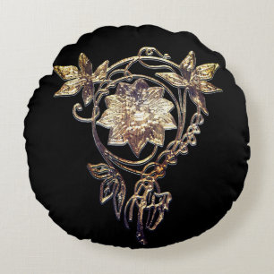 Jugendstil-Blume Juwel Viktorianisches Gold und Sc Rundes Kissen