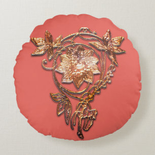 Jugendstil-Blume Juwel Viktorianisches Goldpfirsic Rundes Kissen