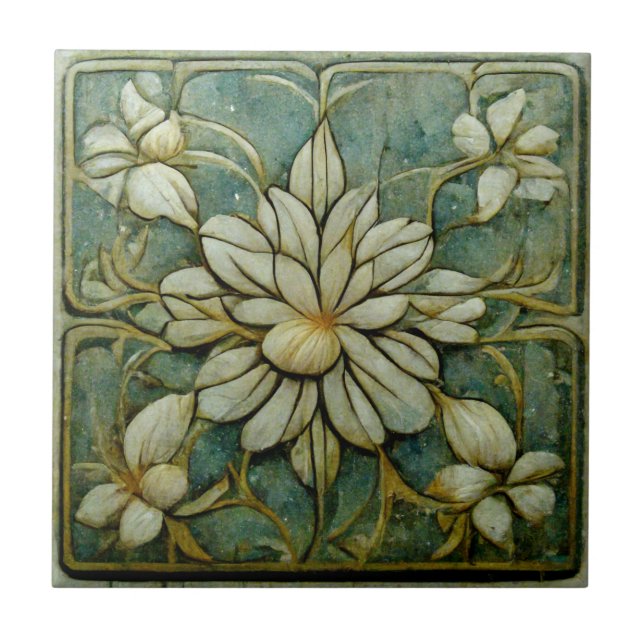 Jugendstil-Blume über die blauen Pastelle Fliese (Vorderseite)