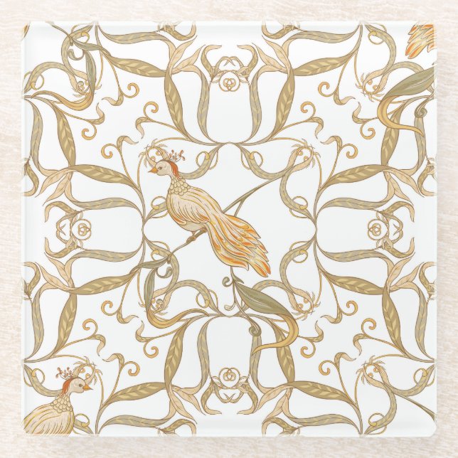 Jugendstil-Blume Vögel Glasuntersetzer (Vorderseite)