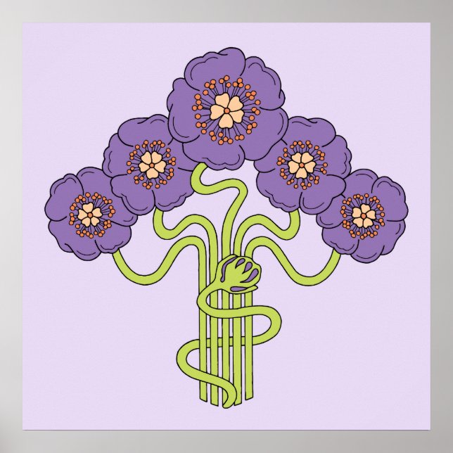 Jugendstil-Blume zeichne violetten Platz Poster (Vorne)