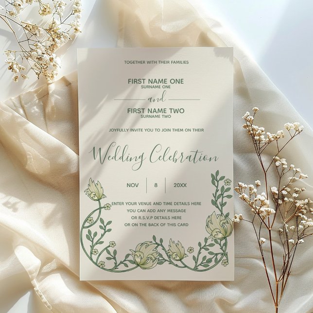 Jugendstil-Blumen-Hochzeit Einladung (Art nouveau wedding invitation with green script and vintage style floral bottom border.)