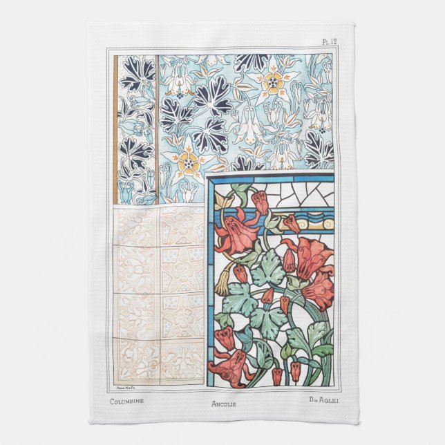 Jugendstil-Blumen und Fliesenkunst verneuert blau Geschirrtuch (Vertikal)