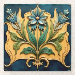 Jugendstil-Blumen-Unterleger Blau Glasuntersetzer