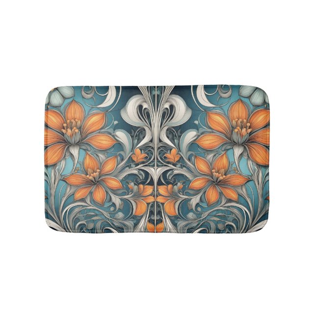 Jugendstil-Blumenmuster Türkis Orange Badematte (Vorderseite)
