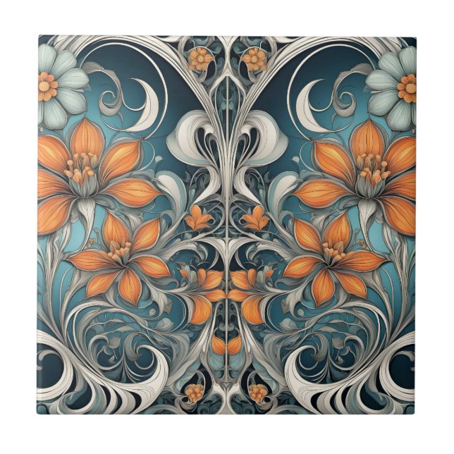 Jugendstil-Blumenmuster Türkis Orange Fliese (Vorderseite)