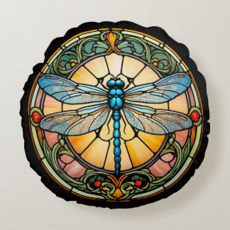 Jugendstil-Buntglas-Libelle Rundes Kissen