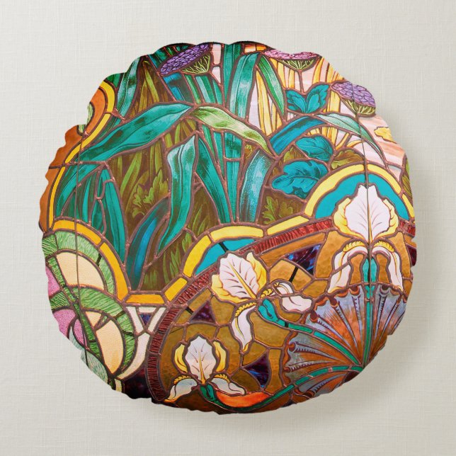 Jugendstil-Buntglas mit Blumen Rundes Kissen (Vorderseite)