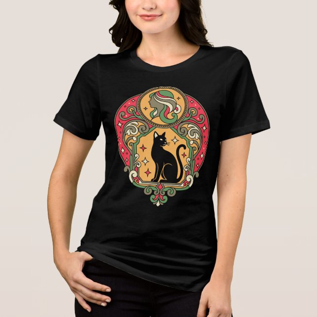 Jugendstil-Design mit schwarzer Katze Tri-Blend Shirt (Vorderseite)