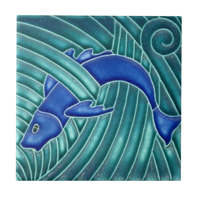 Jugendstil - Einzelner blauer Fisch Fliese (Vorderseite)