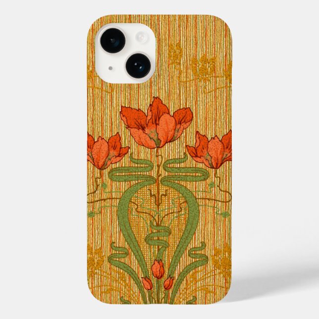 Jugendstil elegante Blumenmohngoldgrün rot Case-Mate iPhone 14 Hülle (Rückseite)