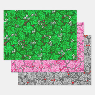 Jugendstil Erdbeeren & Blätter, Grün Pink Grau Geschenkpapier Set