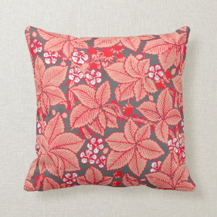 Jugendstil-Erdbeeren und Blätter, Korallenorange Kissen