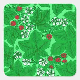 Jugendstil-Erdbeeren und Blätter, Limettengrün Quadratischer Aufkleber