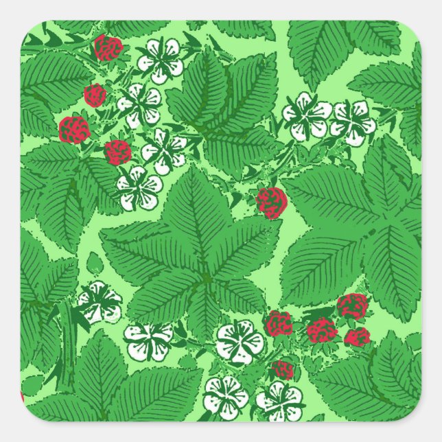 Jugendstil-Erdbeeren und Blätter, Limettengrün Quadratischer Aufkleber (Vorderseite)