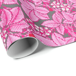 Jugendstil-Erdbeeren und Blätter, Rosa und Grau Geschenkpapier