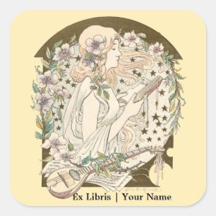Jugendstil-Ex-Libris-Girl mit Book & Stars Quadratischer Aufkleber