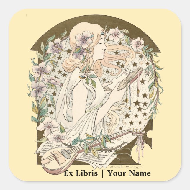 Jugendstil-Ex-Libris-Girl mit Book & Stars Quadratischer Aufkleber (Vorderseite)