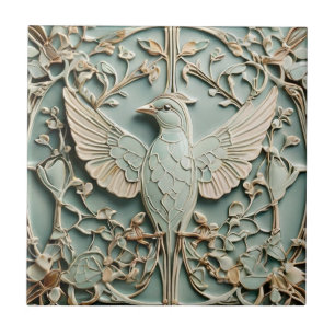 Jugendstil Faux-Relief Linker Vogel Pastell-Mint Fliese