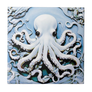 Jugendstil-Faux-Relief-Oktopus - Blau und Weiß Fliese