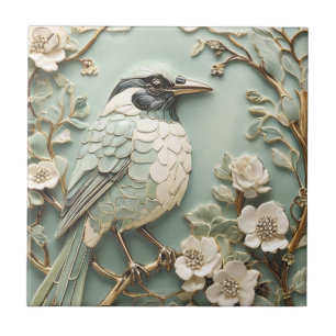 Jugendstil-Faux-Relief rechte Elster-Vogel-Mint Fliese