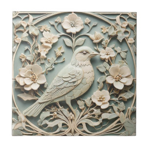 Jugendstil-Faux-Relief-Rechter-Vogel-Blumen-Mint Fliese